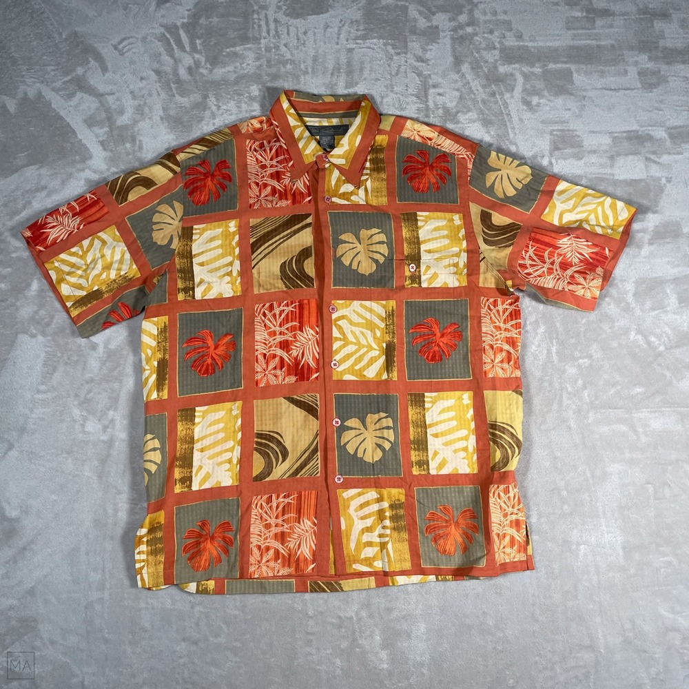 Tori Richard Men's Shirt‎ Hawaiian Leaves 100% Silk Short Sleeve L Orange/Yellow